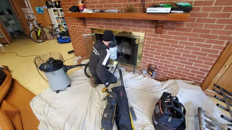 Worker cleaning an open brick fireplace with a vacuum and tools on protective floor sheeting.