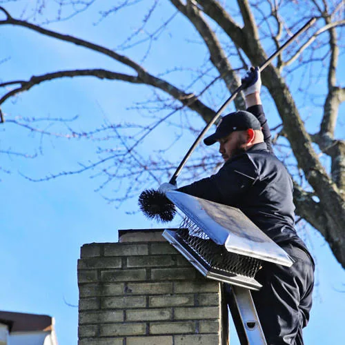 Chimney sweep brushing a brick chimney from a ladder.