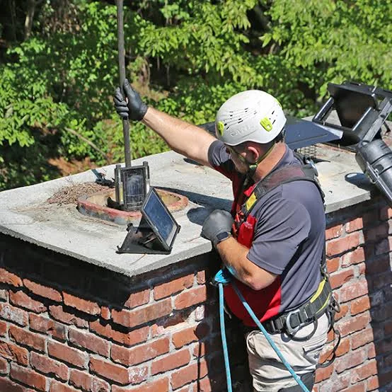 Worker in safety gear inspecting a brick chimney with a pole-mounted tool and monitor.